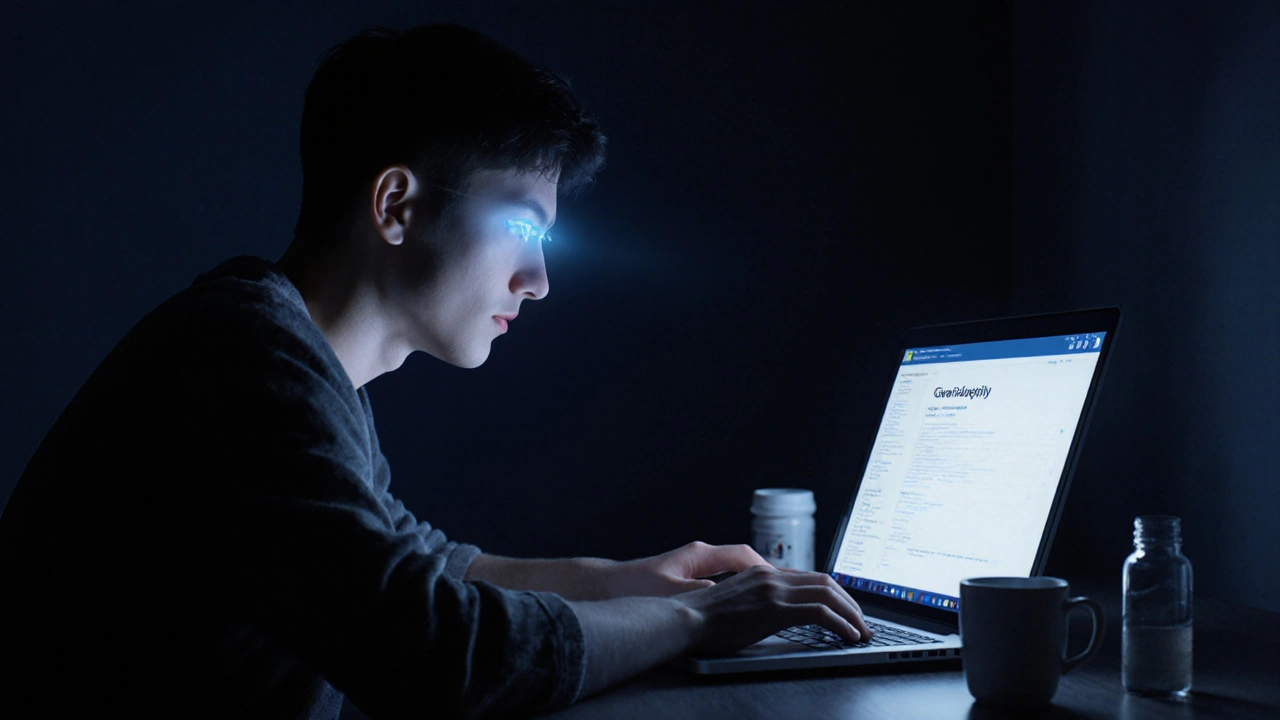 A student studying on a laptop with deep navy background and soft white text, illuminated in a dark room with minimal glare.