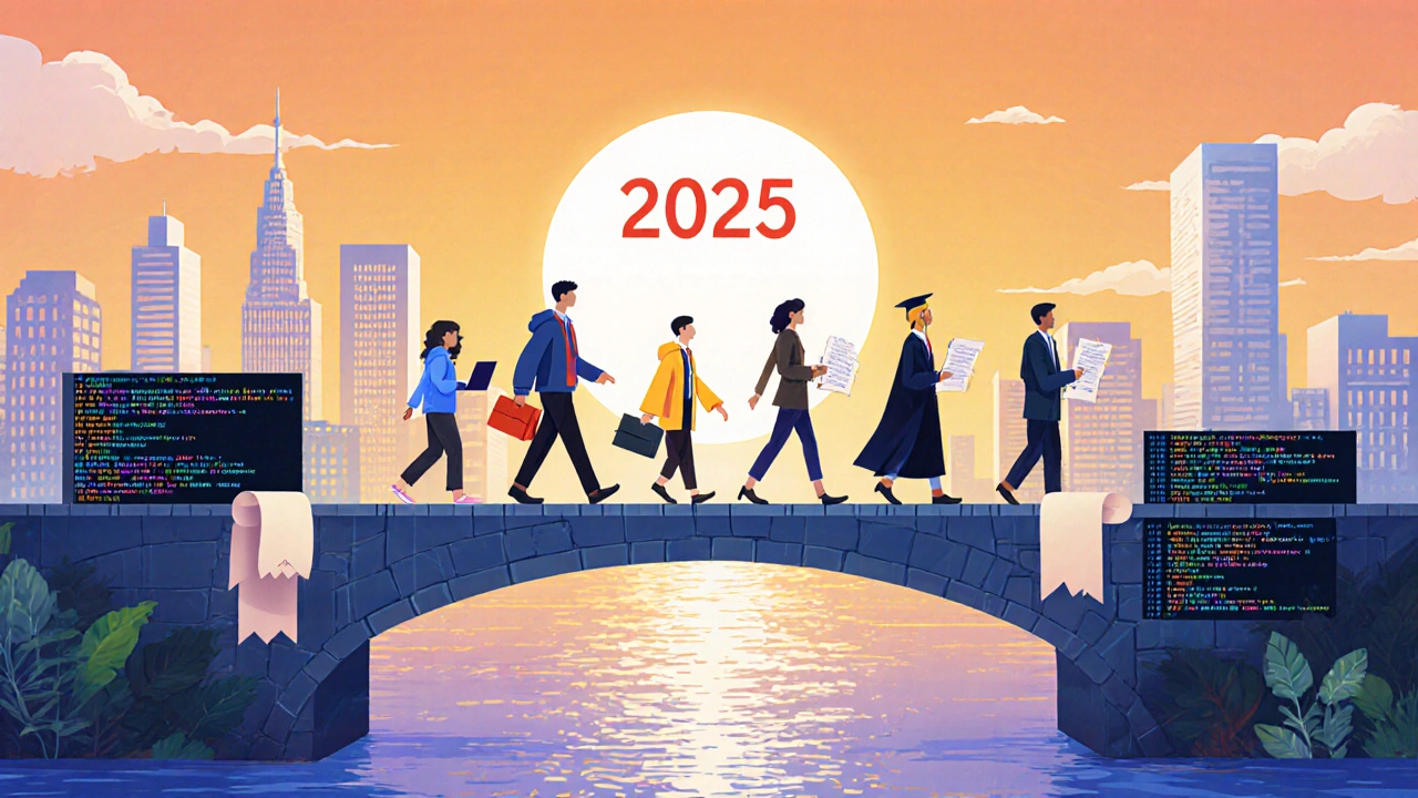 A symbolic bridge of code and diplomas leading to a tech skyline, representing combined career paths.