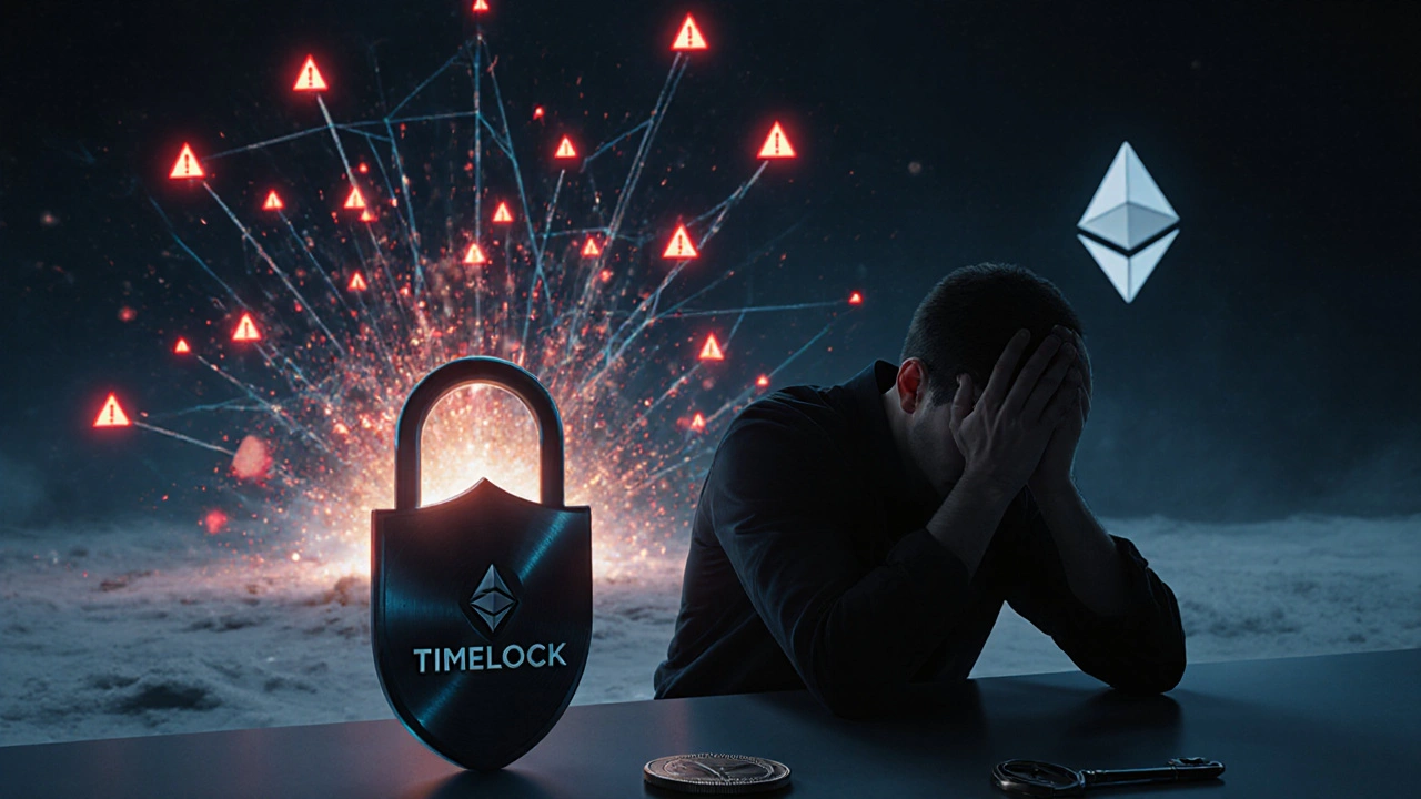 A user withdrawing funds to safety as a web of DeFi protocols collapses in the background, with security features glowing nearby.