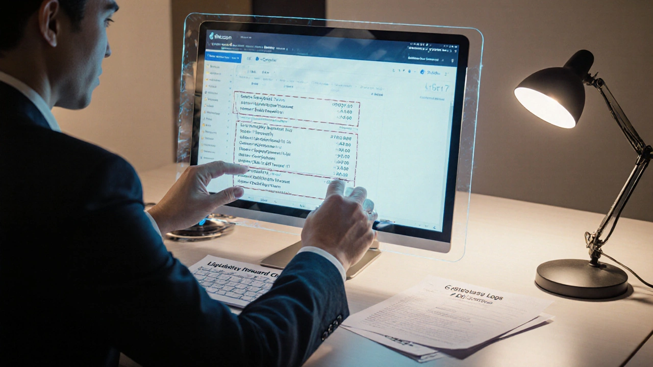 Accountant analyzing a holographic blockchain transaction, manually splitting it into three taxable events.