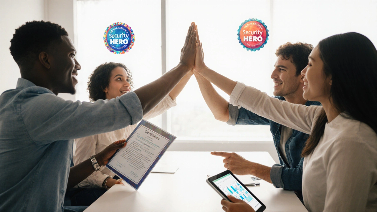 Adult learners celebrating virtual badges and certificates in a shared online space.