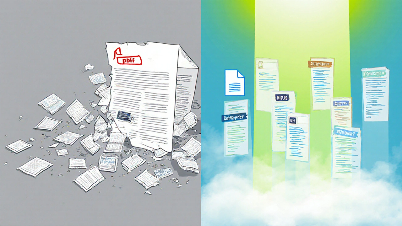 Broken scanned PDF versus structured accessible PDF with headings, lists, and alt-text tags as pillars of light.