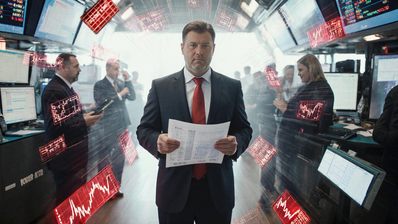 CFO standing calmly amid chaotic trading floor with holographic data swirling around.