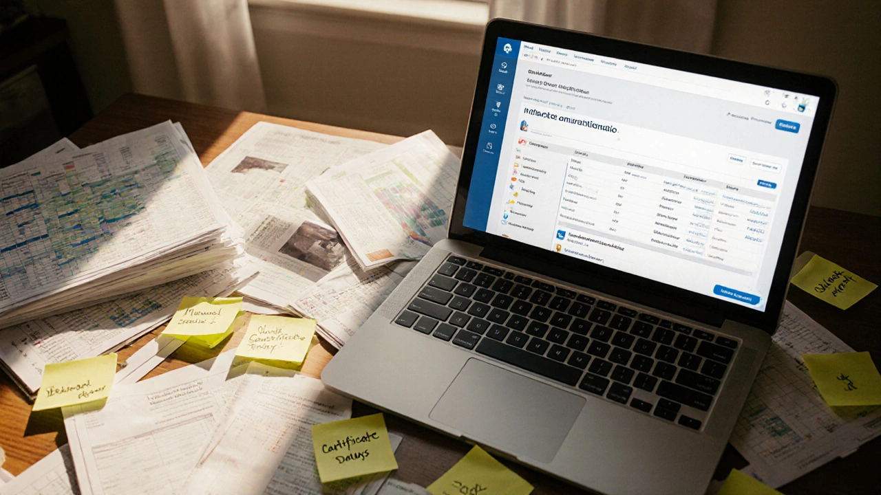 Cluttered desk with manual processes versus a clean laptop showing automated LMS webhook workflow.