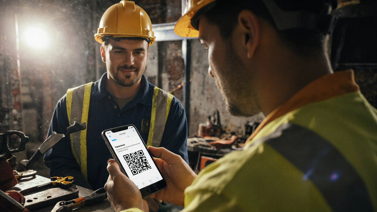 Construction worker showing verified welding certification via QR code to a supervisor.