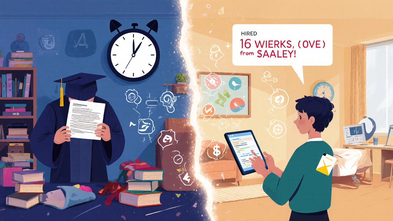 Contrasting scenes of a college graduate facing rejection versus a bootcamp graduate receiving a job offer.