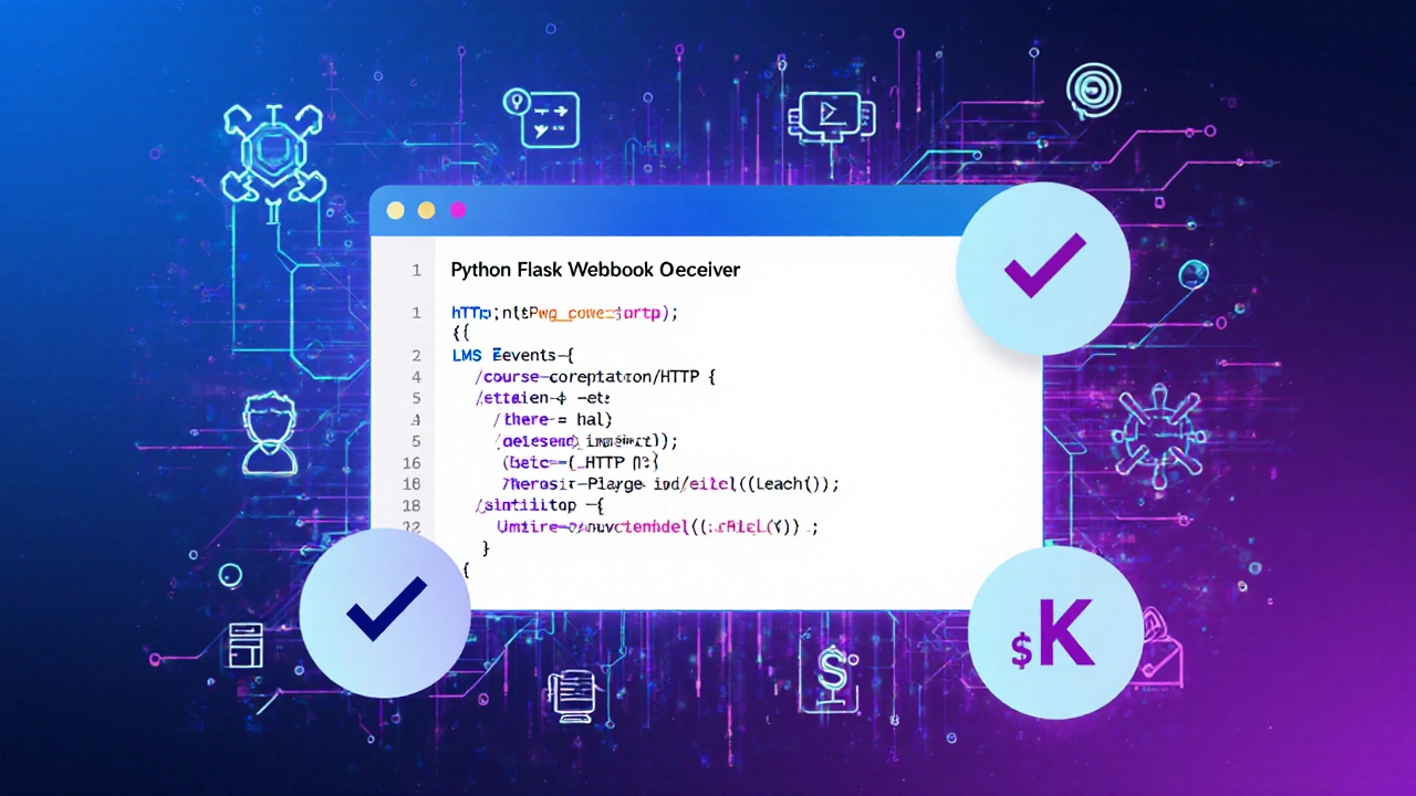 Developer screen displaying secure webhook code with connected LMS event icons in digital art style.