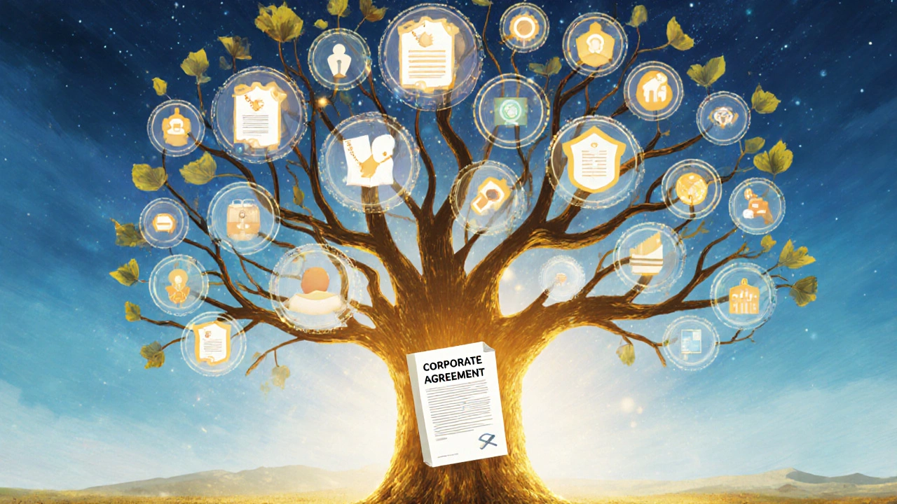 Digital tree with course icons as branches, growing from a corporate agreement document.