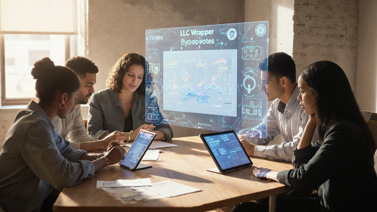 Diverse team collaborating with tablets showing live DAO votes and legal documents nearby