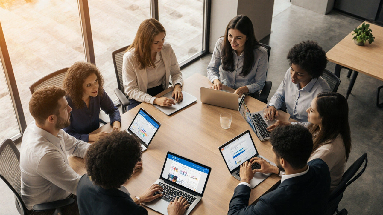 Diverse team members completing corporate training modules on tablets in a bright office.
