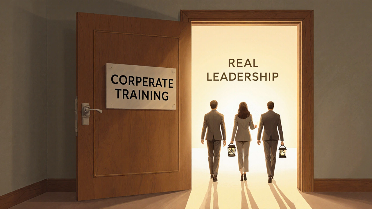 Executives walking through an archway labeled &#039;Real Leadership&#039; as a closed door fades behind them.