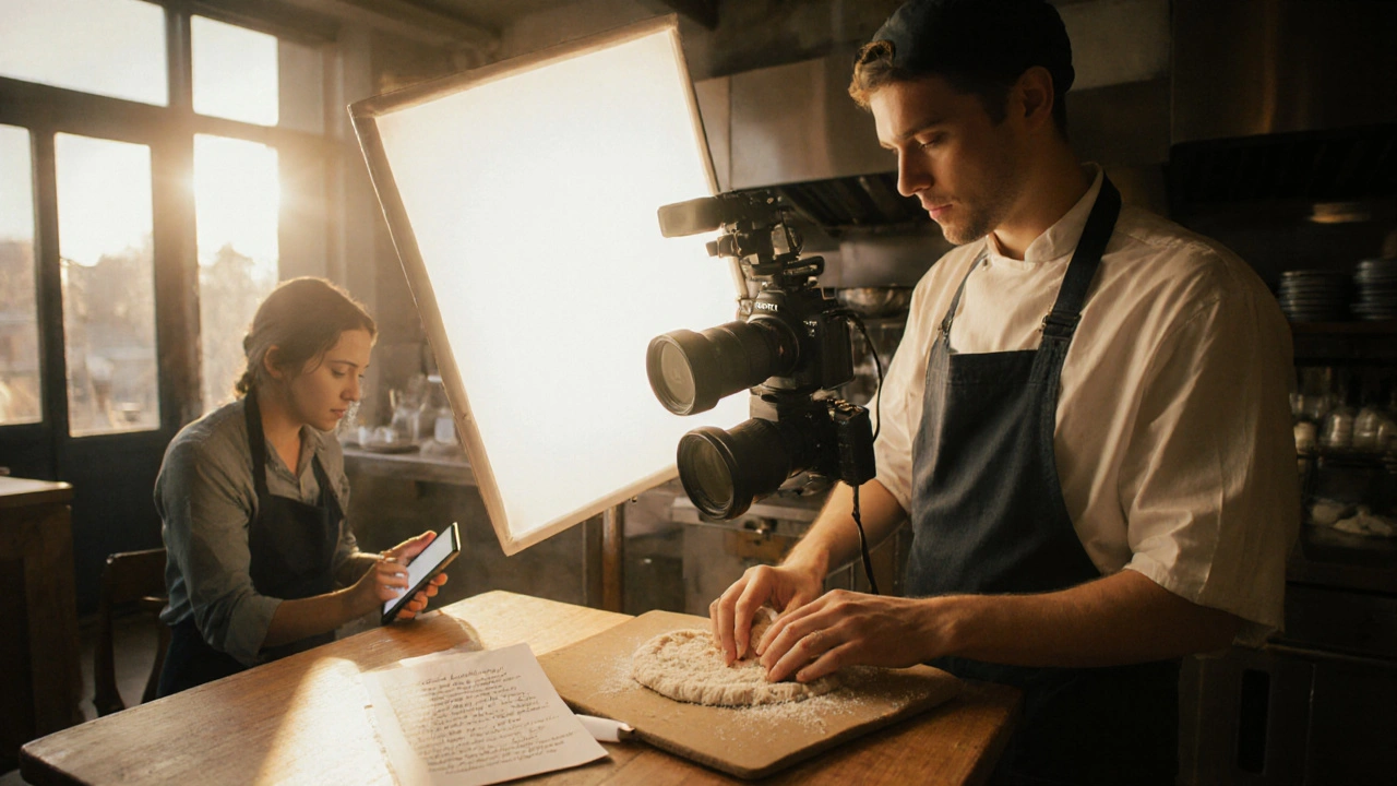 Filmmaker using LED panel and bedsheet to light a baker&#039;s hands in a sunlit bakery