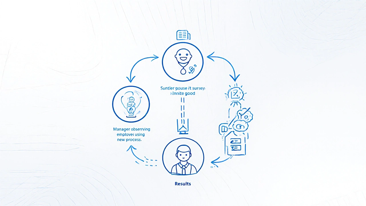 Four-level evaluation model diagram showing reaction, learning, behavior, and results with connected icons.