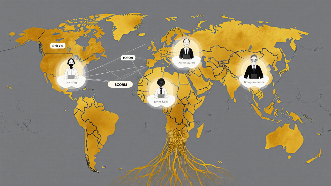 Global team connected by a network of light and knowledge, symbolizing secure, personalized learning.