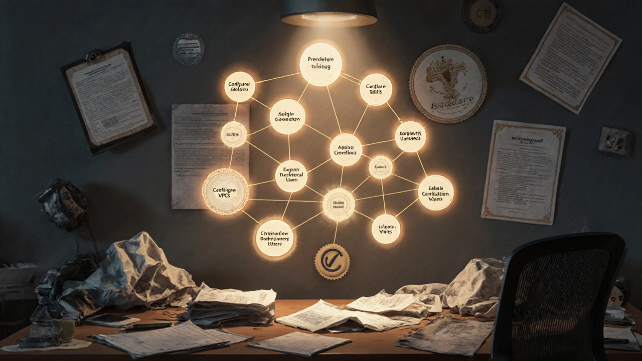 Glowing web of skills floating above a desk, with outdated certifications discarded below.