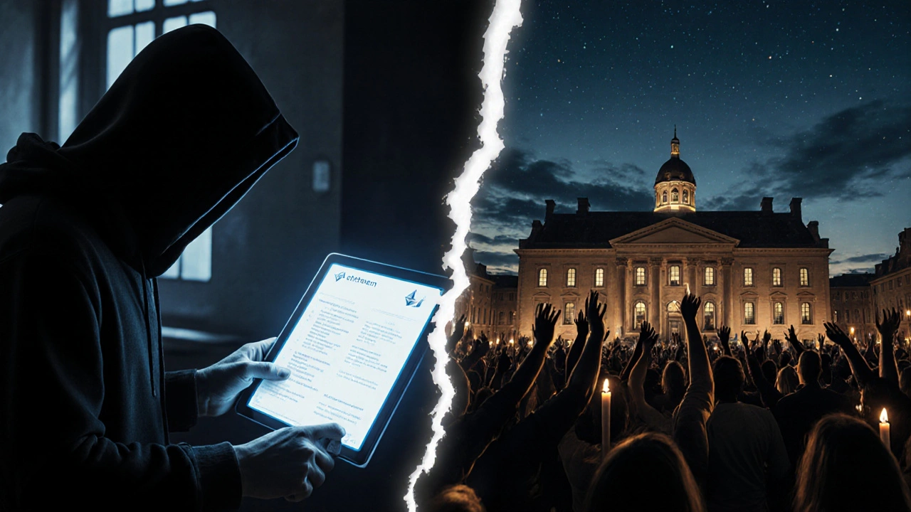 Hacker stealing Ether on one side, community protesting a blockchain fork on the other