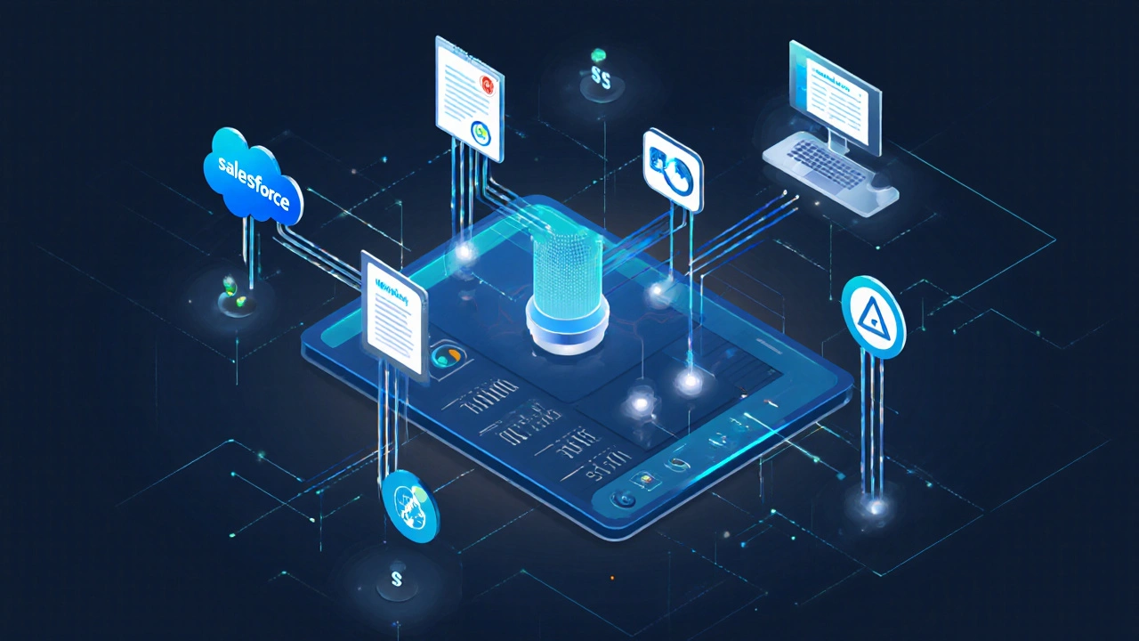 Interconnected enterprise systems exchanging learning data through glowing digital streams.