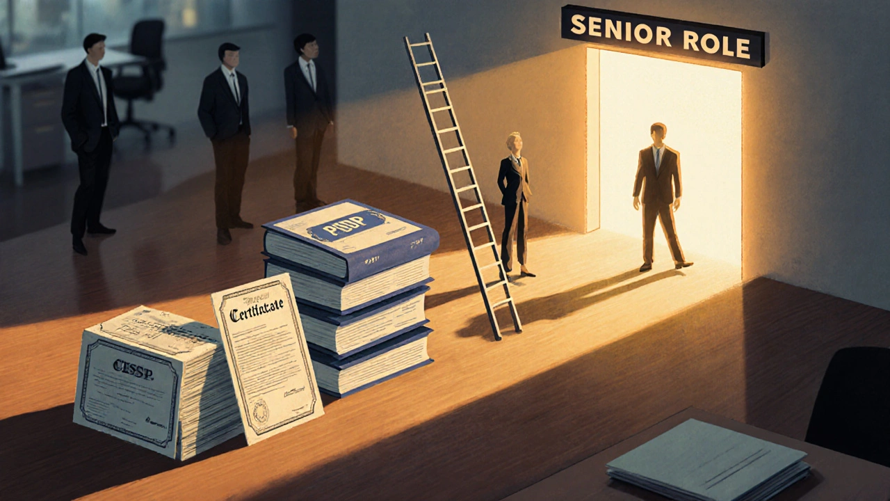 Ladder of prestigious certifications leading to a glowing senior role door