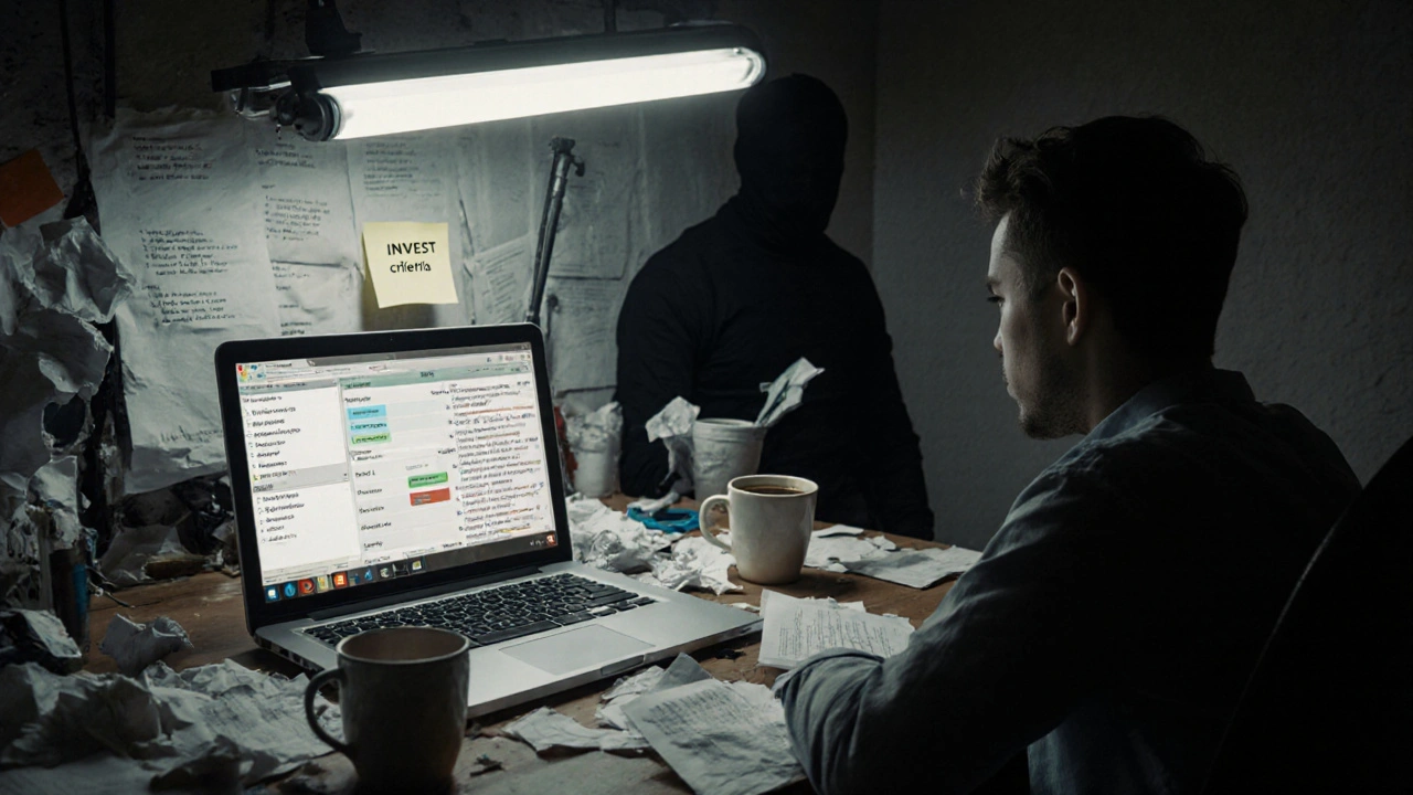 Product Owner overwhelmed by a chaotic backlog under harsh office lighting.