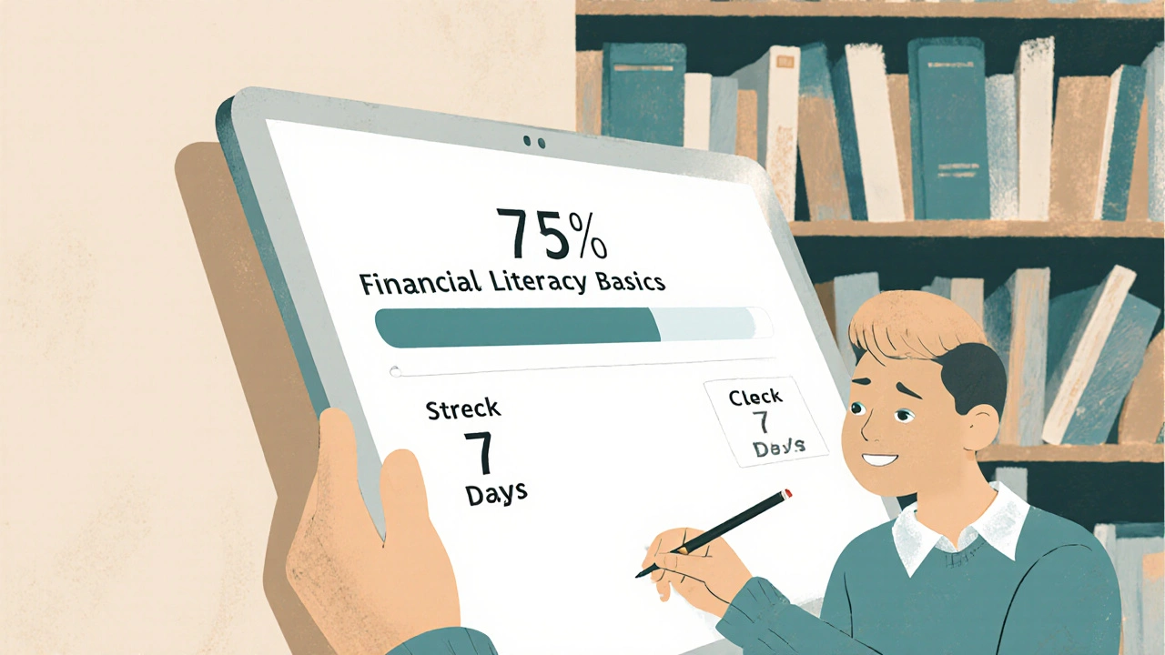 Progress bar on a tablet showing 75% completion with a 7-day streak counter.