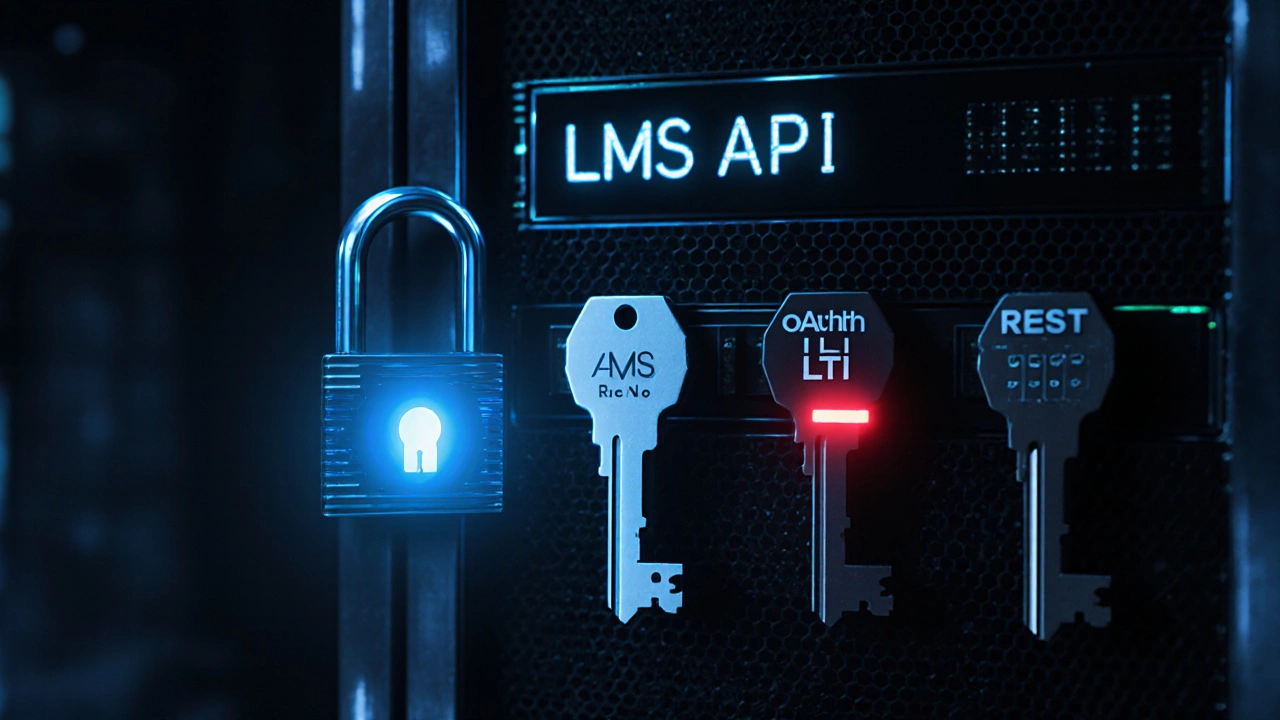 Secure server room with API keys glowing as data flows to integrated educational tools