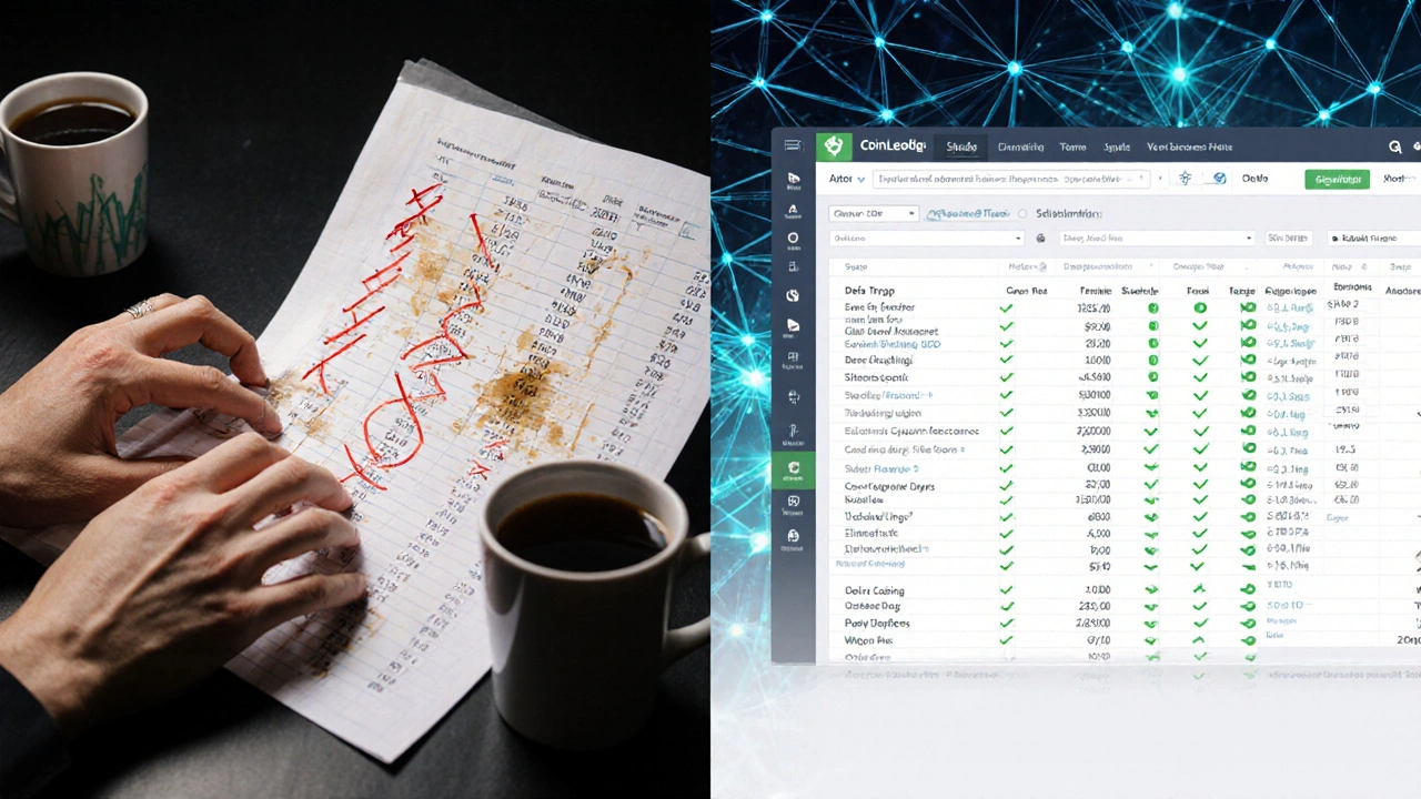 Split-screen: person struggling with messy spreadsheet vs. clean crypto tax software categorizing DeFi transactions.