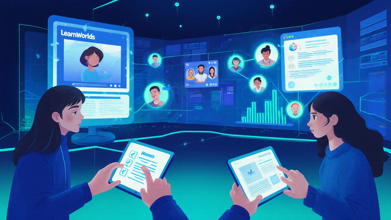 Students engaging with an interactive online course on tablets, community forum and badges visible.