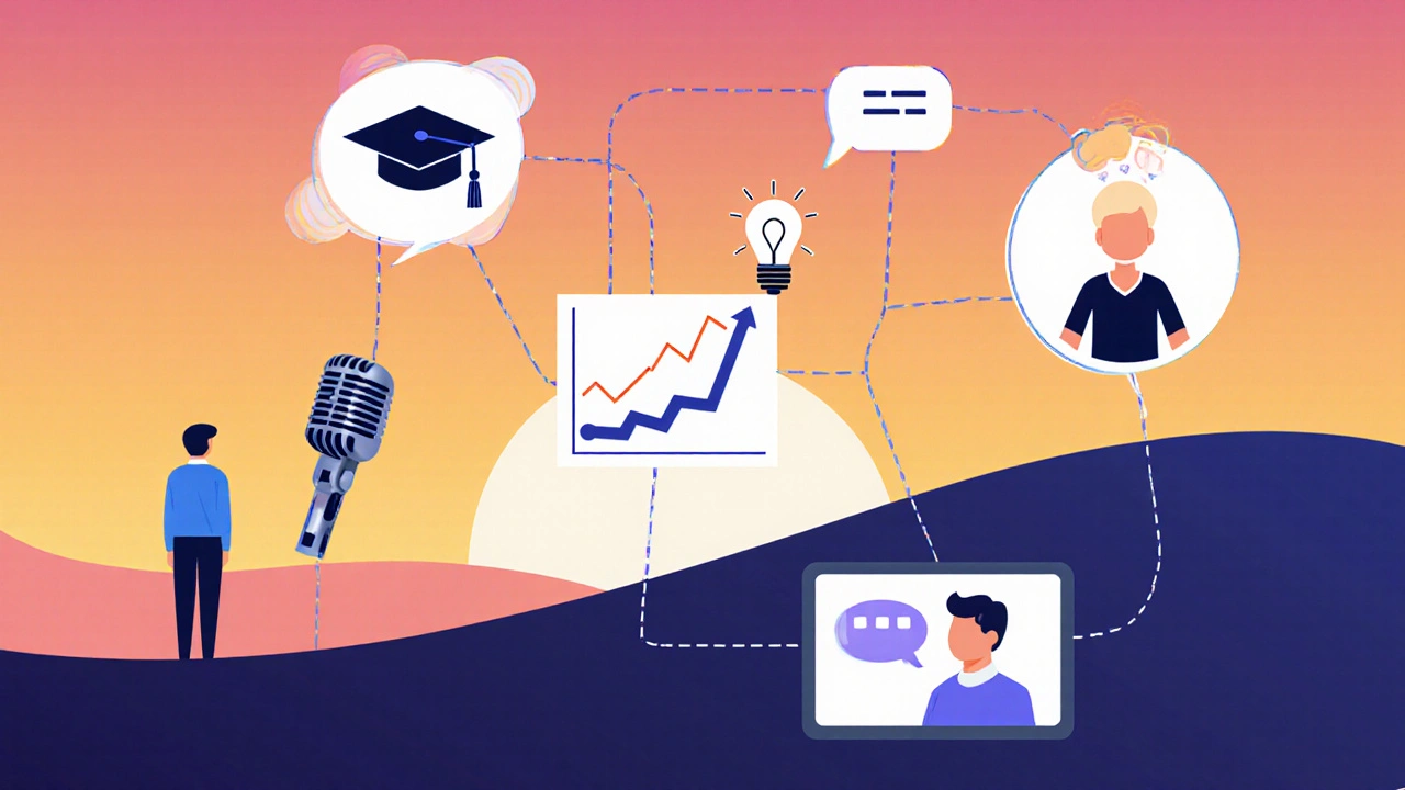 Symbolic path of icons showing growth from isolated educator to conference speaker.