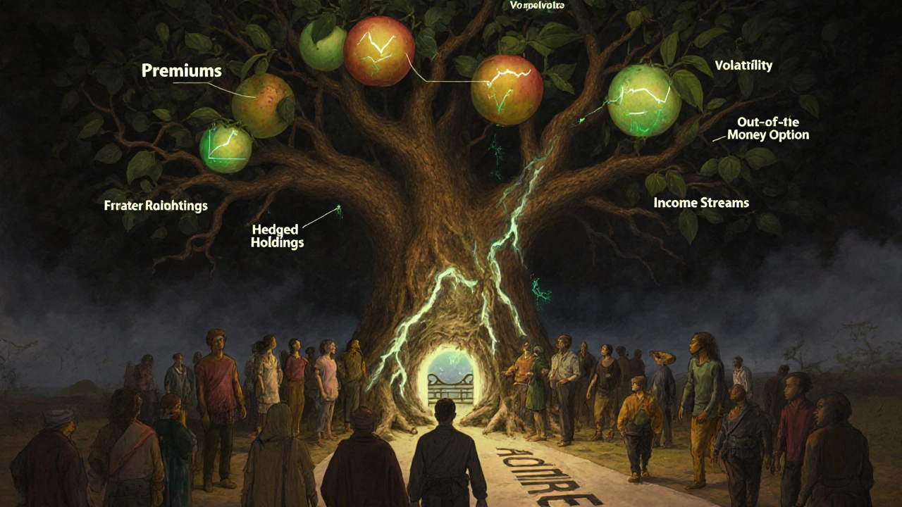 Symbolic tree with financial options as fruit, roots labeled premiums, and path marked time decay leading to Deribit.