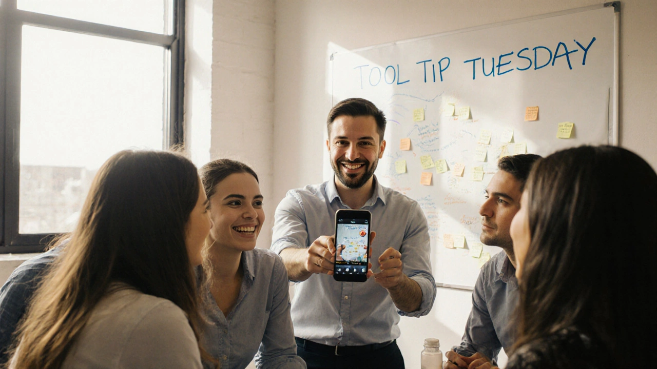 Team gathered in a break room, one member shares a video tip about automation use.
