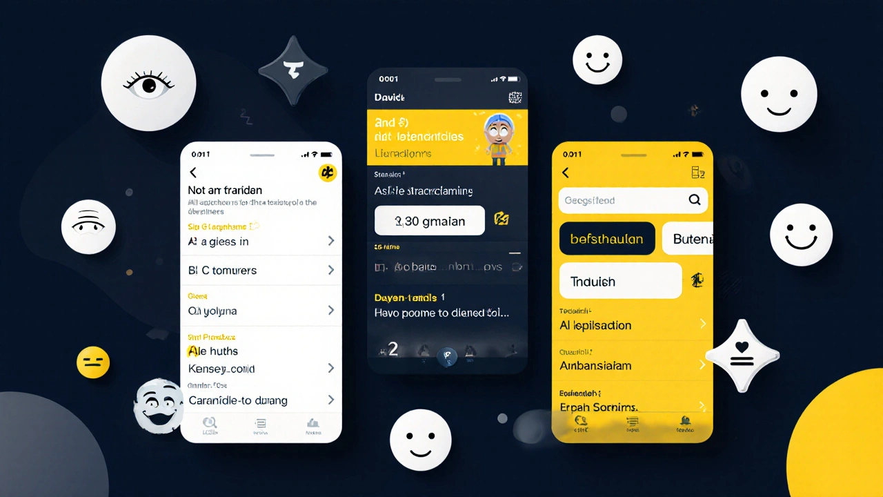 Three side-by-side app themes showing poor contrast, dark mode, and high-contrast yellow text for learning content.