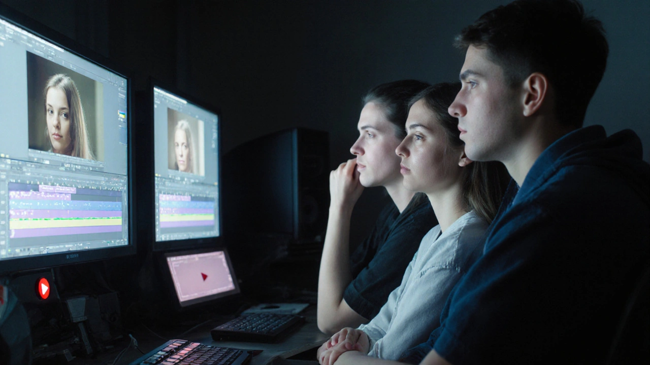 Three students watching different edits of a short film, faces lit by screen glow