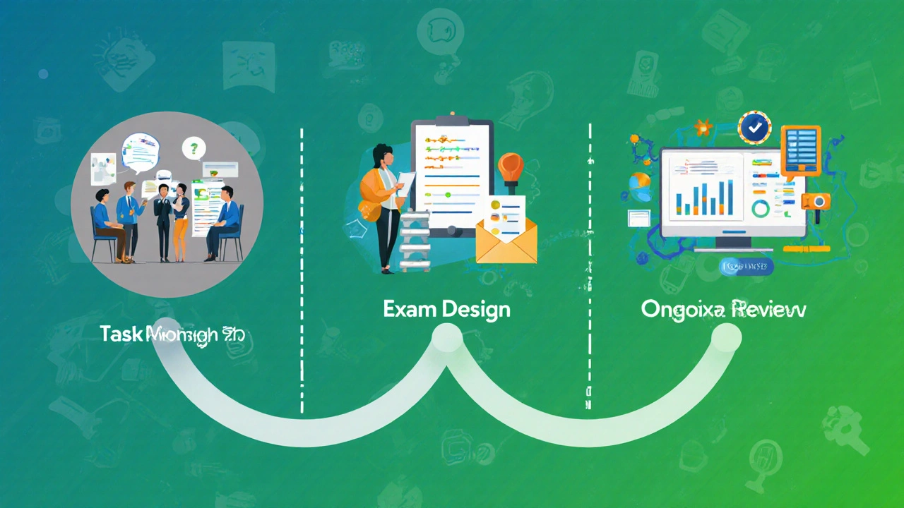 Timeline showing job analysis, exam design, and ongoing review as interconnected phases in a modern visual style.