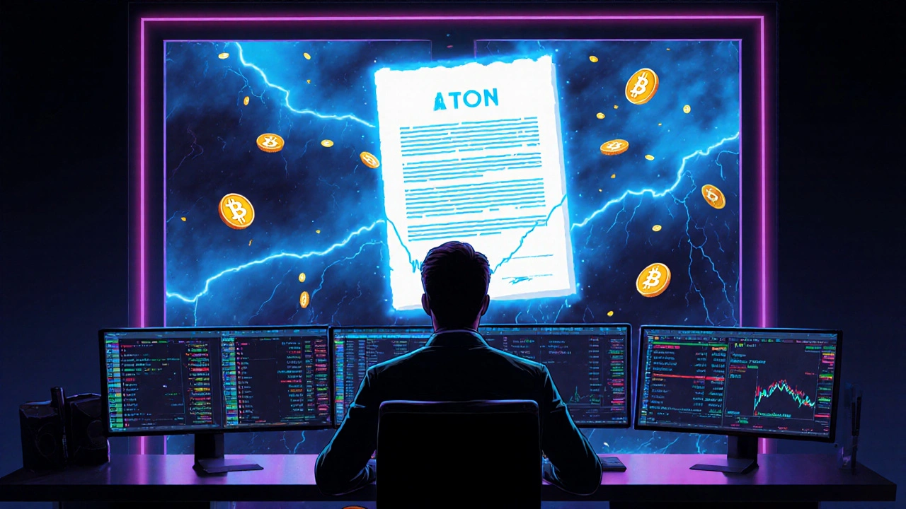 Trader surrounded by glowing crypto options dashboards with a floating European-style contract and stormy window.