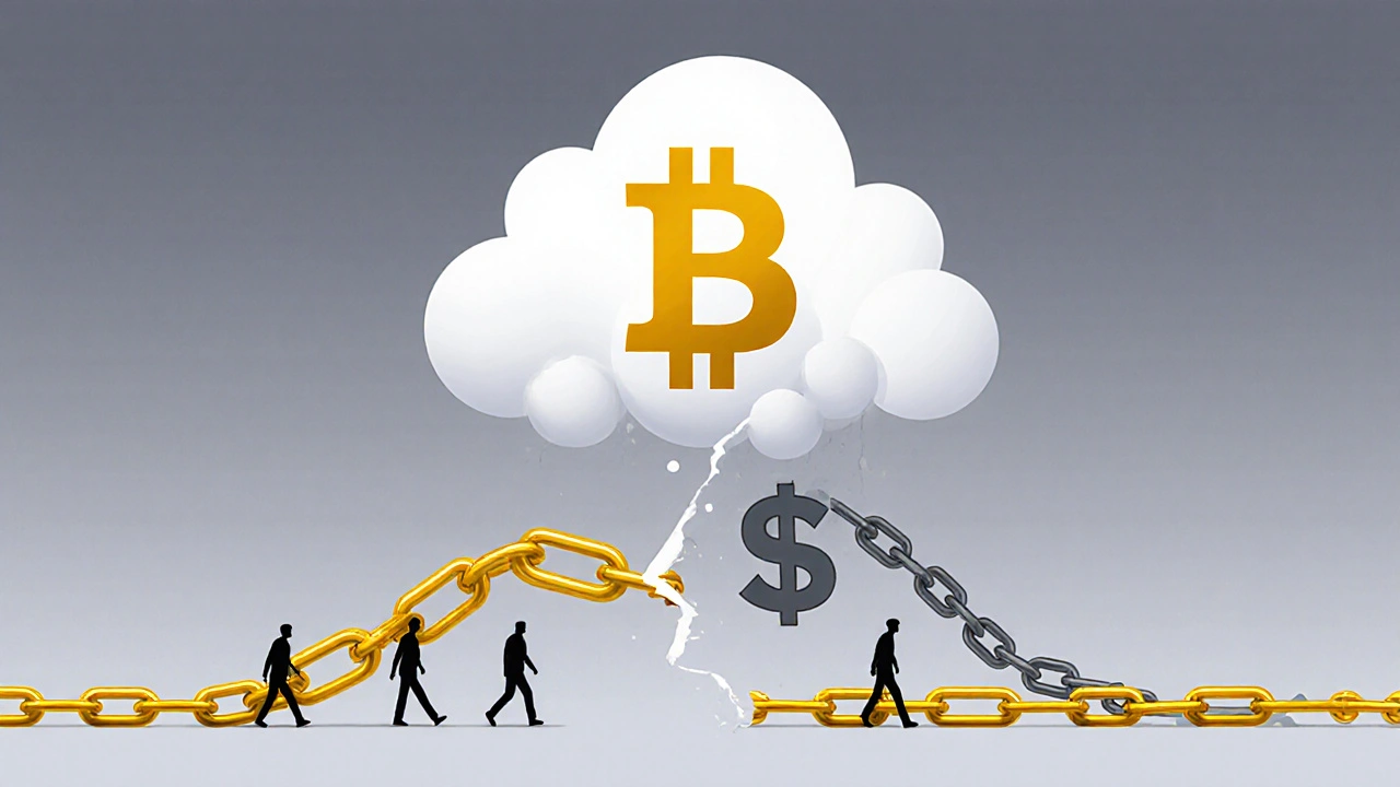 Two competing blockchain chains, one strong and golden, the other broken and gray, with users walking away.