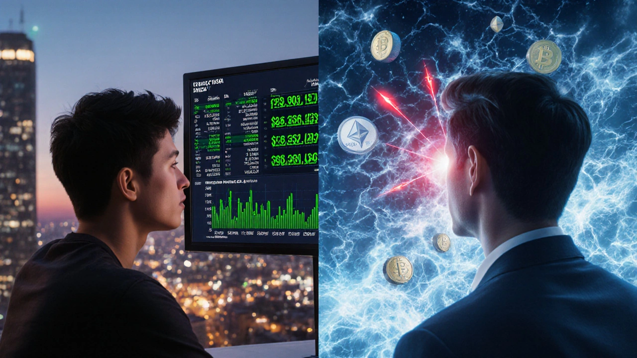 Two contrasting scenes: calm stablecoin earnings vs. volatile token losses in DeFi liquidity provision.
