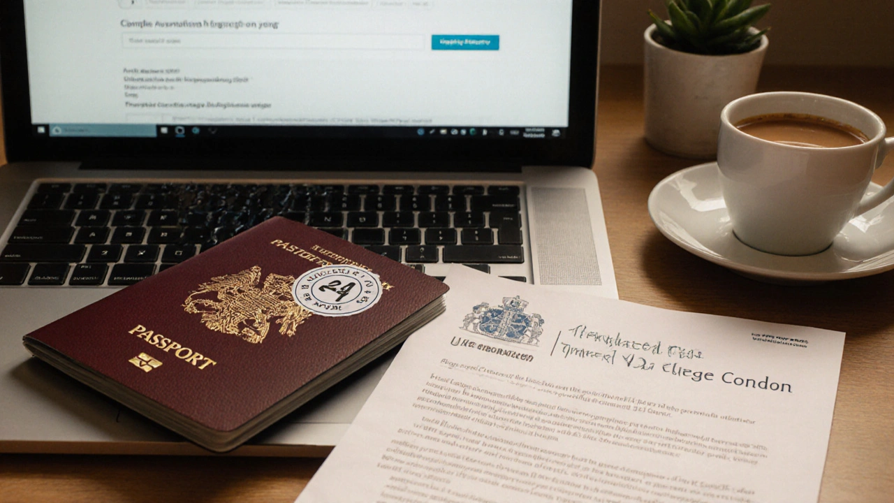 UK Startup Visa passport stamp with endorsement letter and laptop on wooden desk