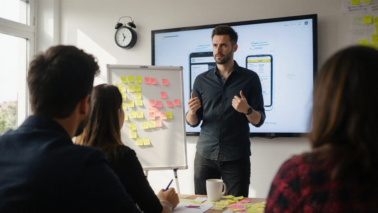 UX designer presenting design changes to a panel during a live certification assessment.