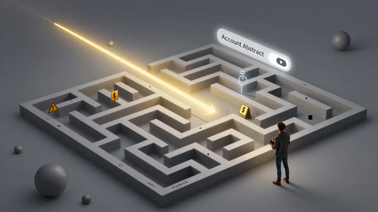 A confused person lost in a maze of crypto technical barriers, with a clear path of account abstraction glowing above.