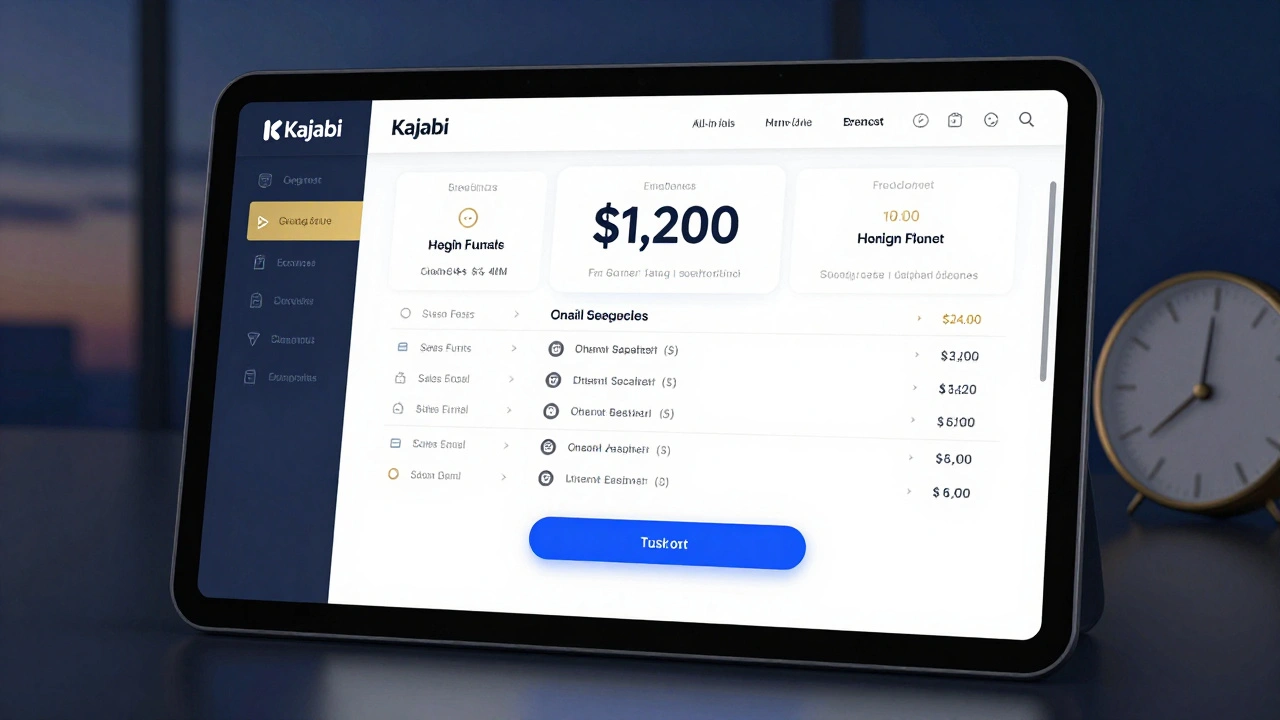 A digital dashboard showing Kajabi&#039;s automated sales funnel for a ,200 course.