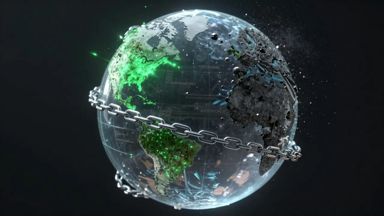A globe wrapped in blockchain chains, one side thriving with green energy, the other crumbling with fake credits.