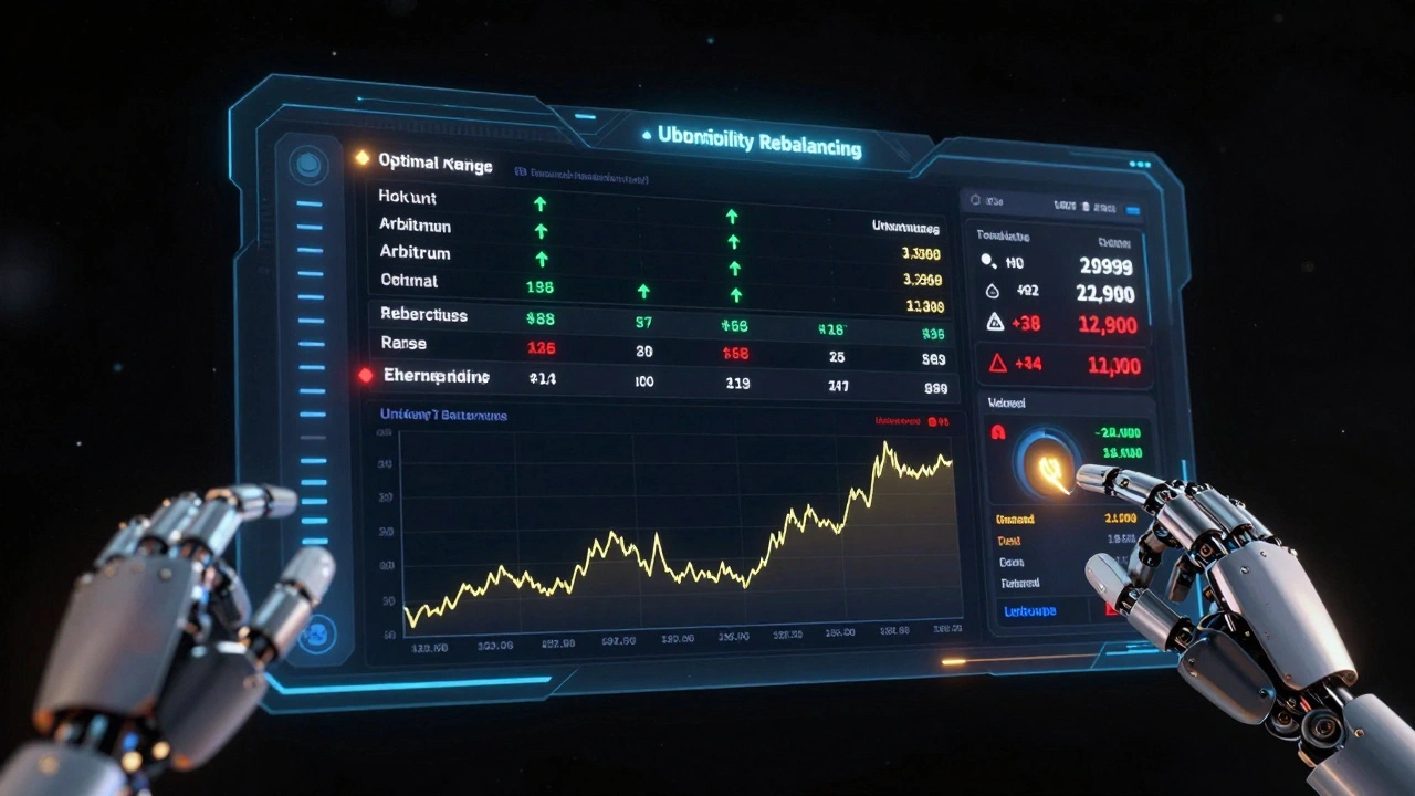A holographic DeFi dashboard shows real-time volatility data and automated rebalancing alerts on a low-gas blockchain.