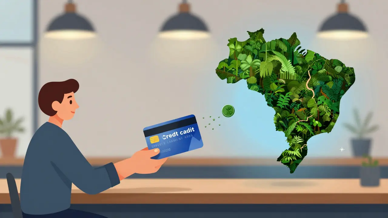 A person splitting a carbon credit into fractions, one piece linking to a rainforest in Brazil.