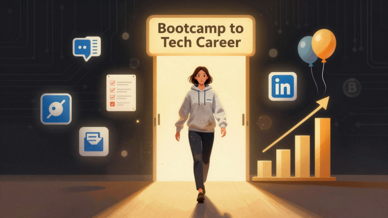 A person transitioning from retail clothes to tech attire, stepping through a glowing career portal.
