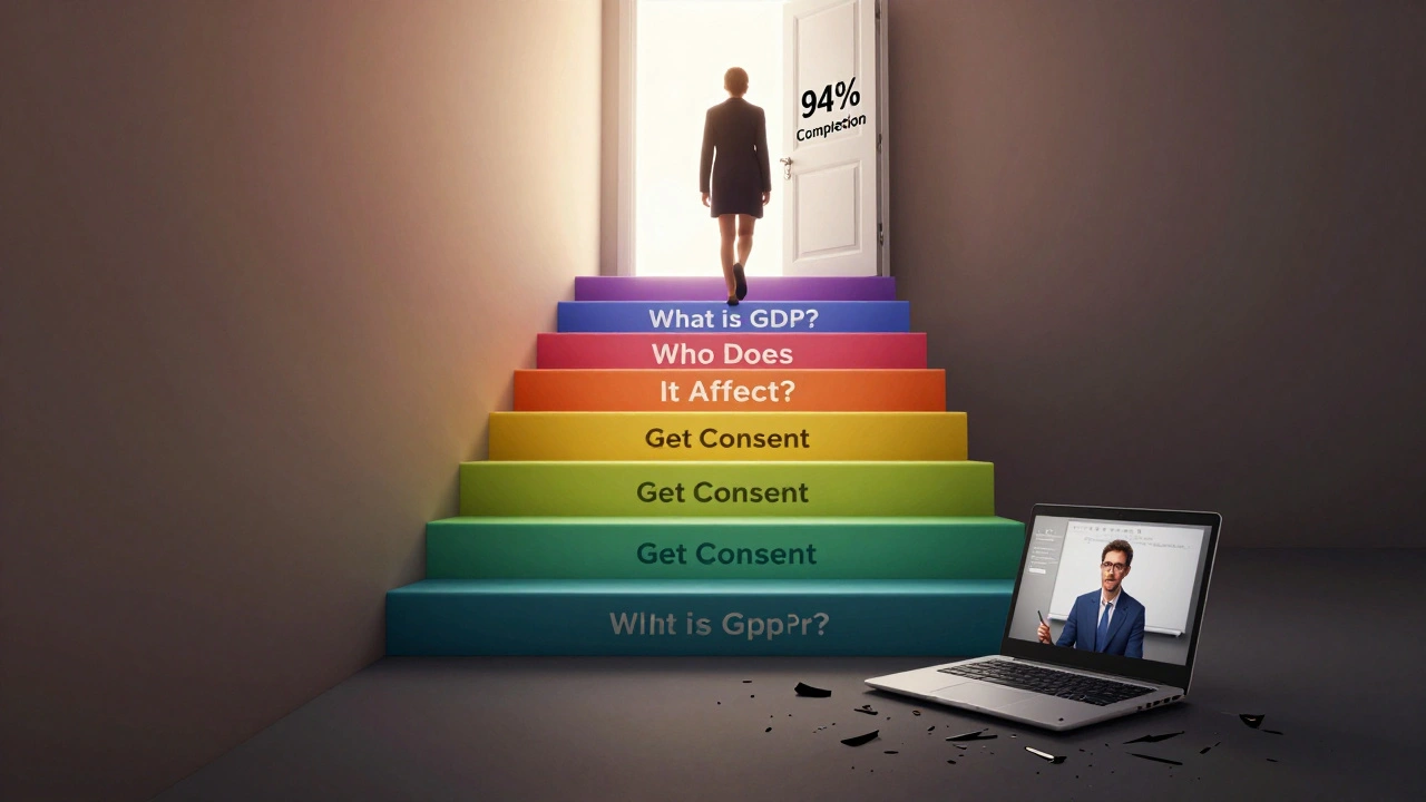 A staircase of knowledge chunks leading to high completion, with a broken long lecture below.