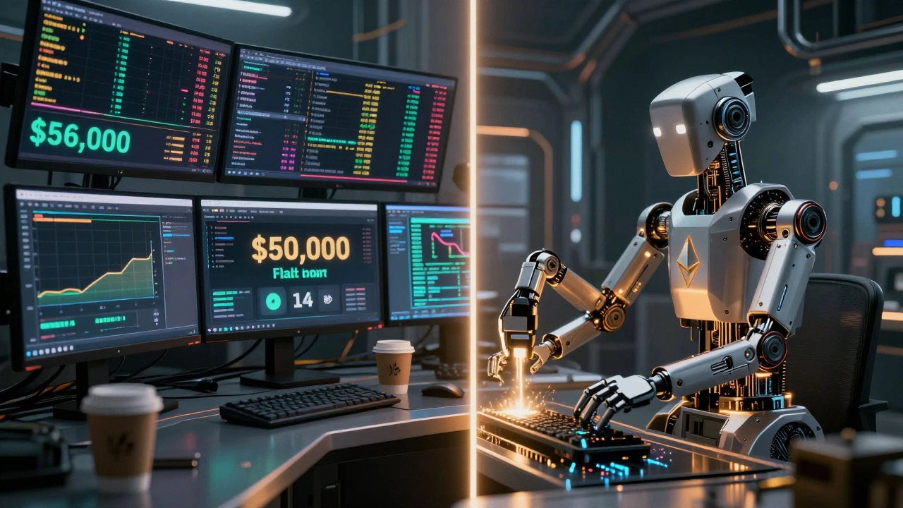 A trader beside an automated bot executing a cross-chain flash loan arbitrage with profit metrics visible.