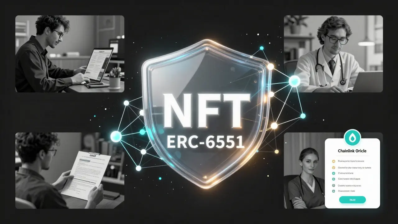 An evolving NFT token transforming into a network of interconnected utilities like voting, verification, and trading.
