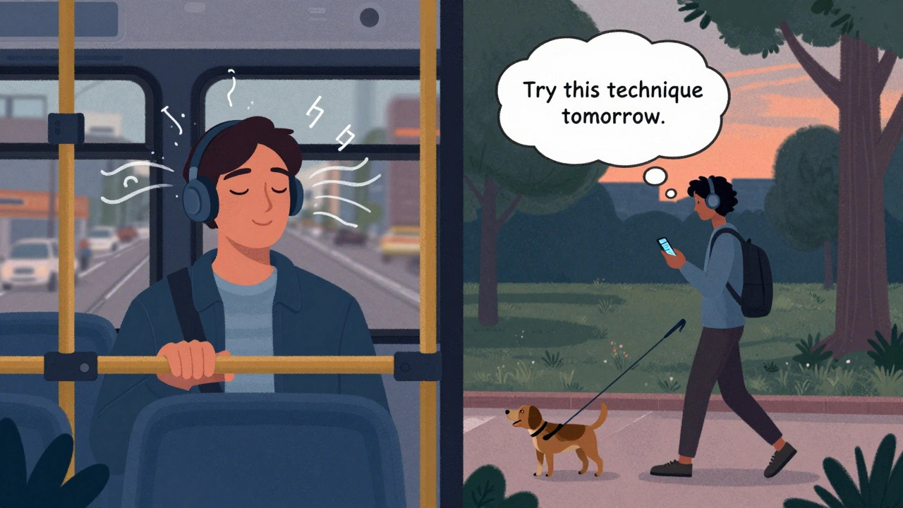 Commuter listening to an audio lesson on a bus while another walks their dog listening to a podcast.