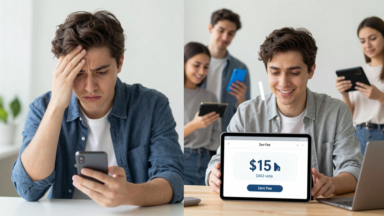 Contrast between high gas fees blocking a vote and gasless voting on a tablet.