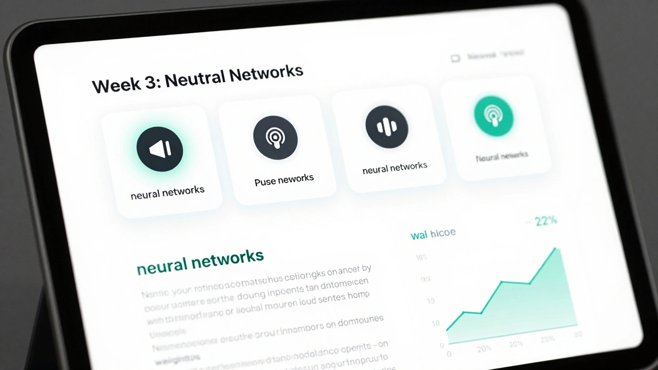 Course dashboard showing completed audio lessons and a podcast episode with highlighted transcript terms.